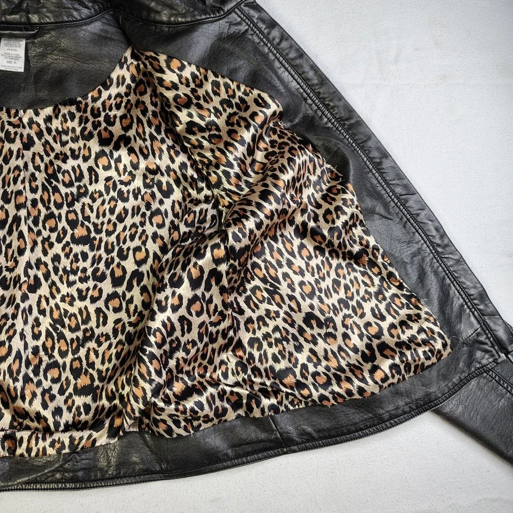 Cruel Womens Faux Leather Biker Jacket Metallic Black Leopard Lining XL - Picture 11 of 15